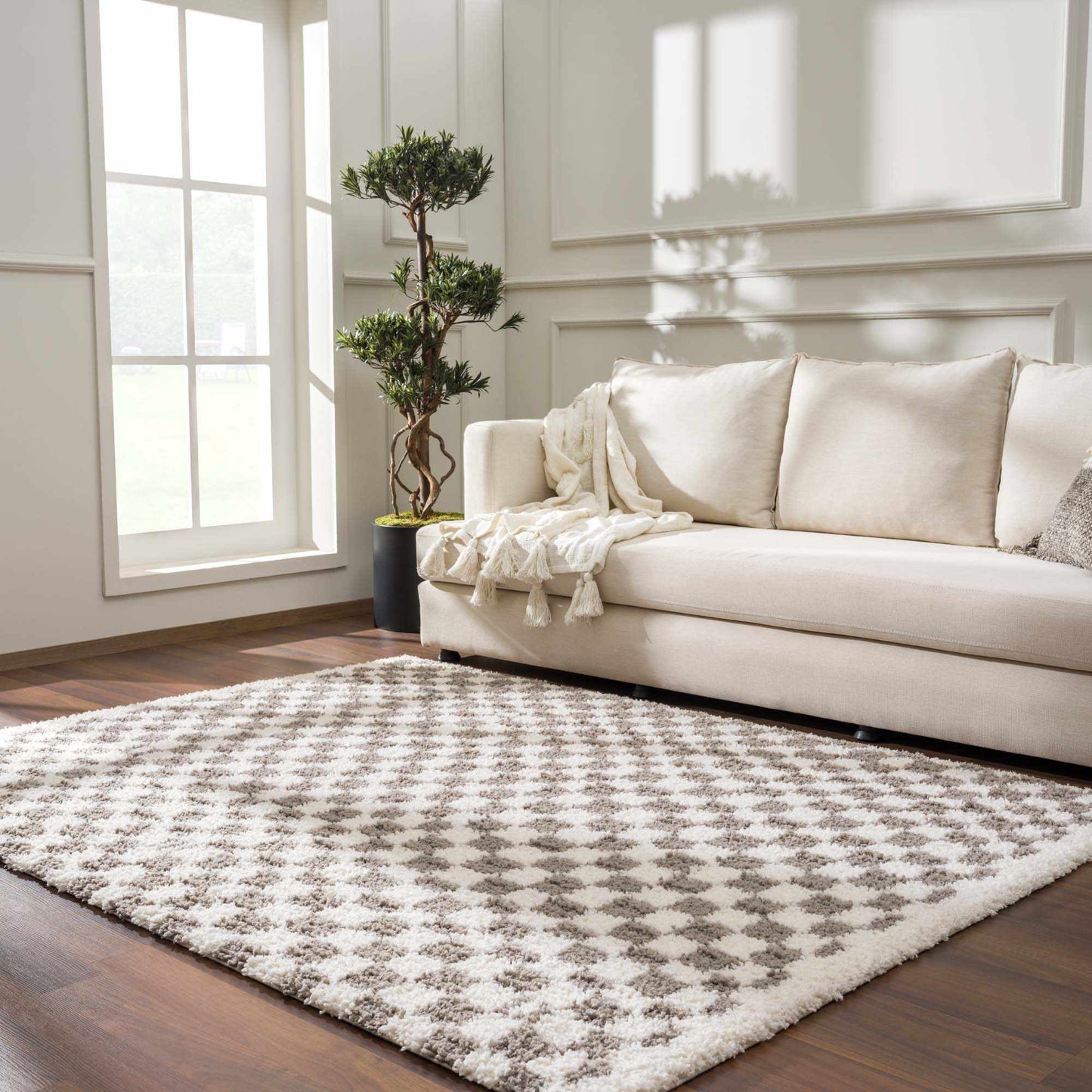 Kieu Taupe Checkered Plush Rug - MyTuftedRugs.com