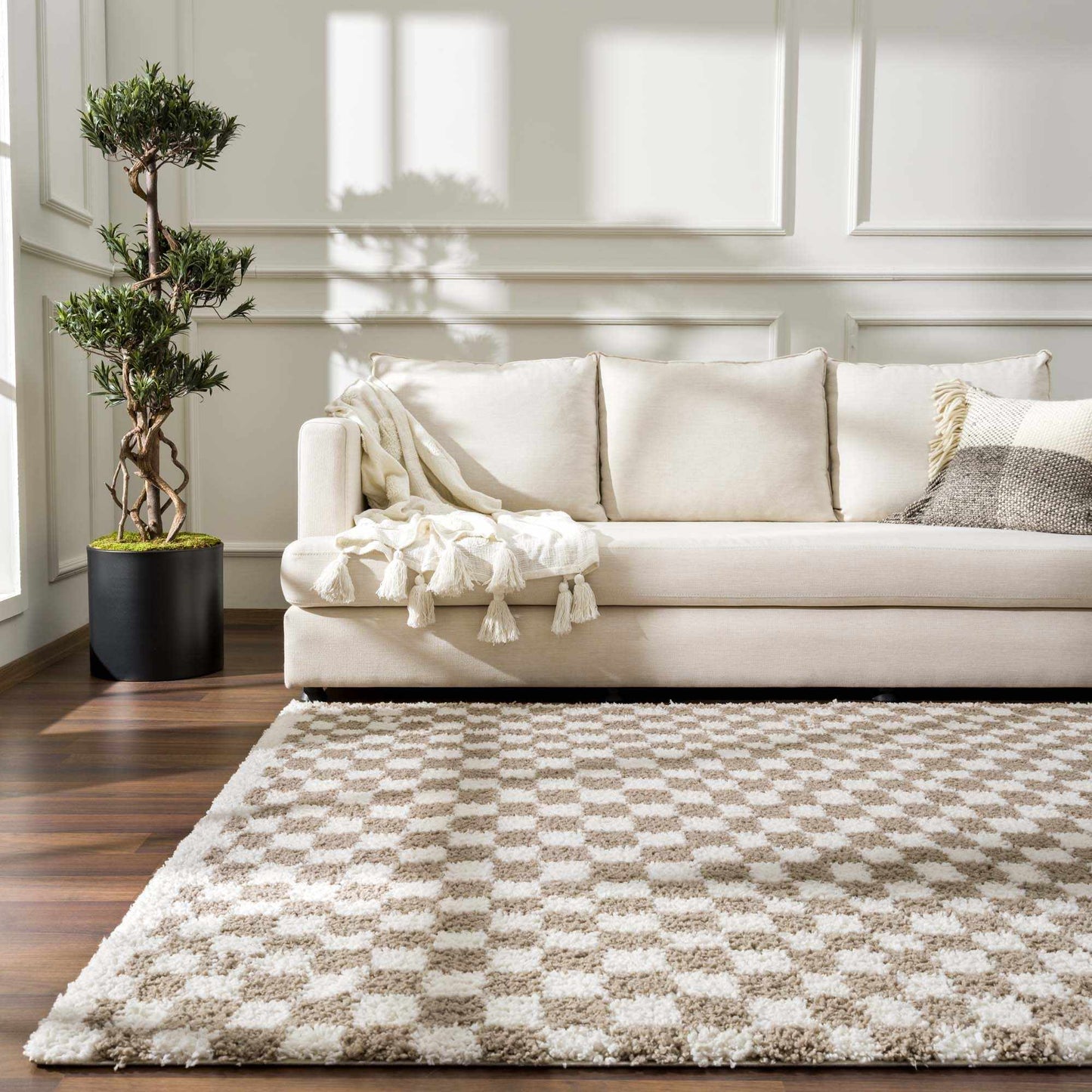 Kieu Taupe Checkered Shag Rug - MyTuftedRugs.com