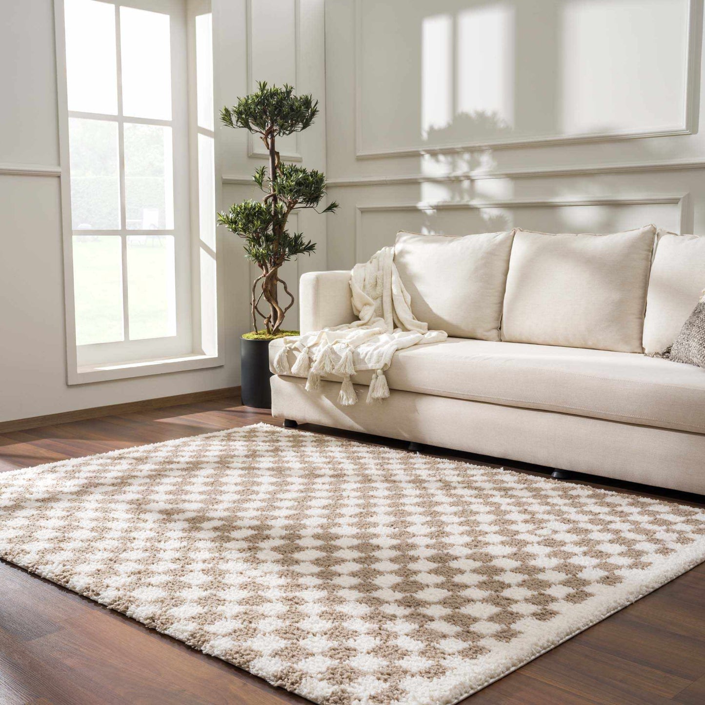 Kieu Taupe Checkered Shag Rug - MyTuftedRugs.com