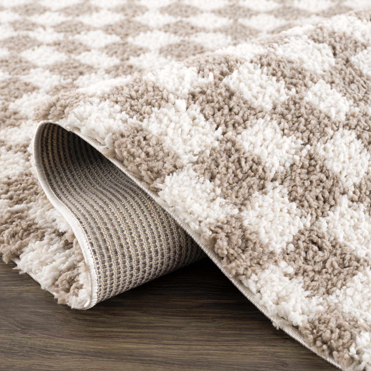 Kieu Taupe Checkered Shag Rug - MyTuftedRugs.com