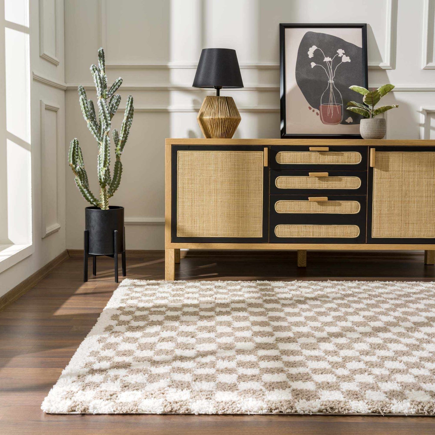 Kieu Taupe Checkered Shag Rug - MyTuftedRugs.com