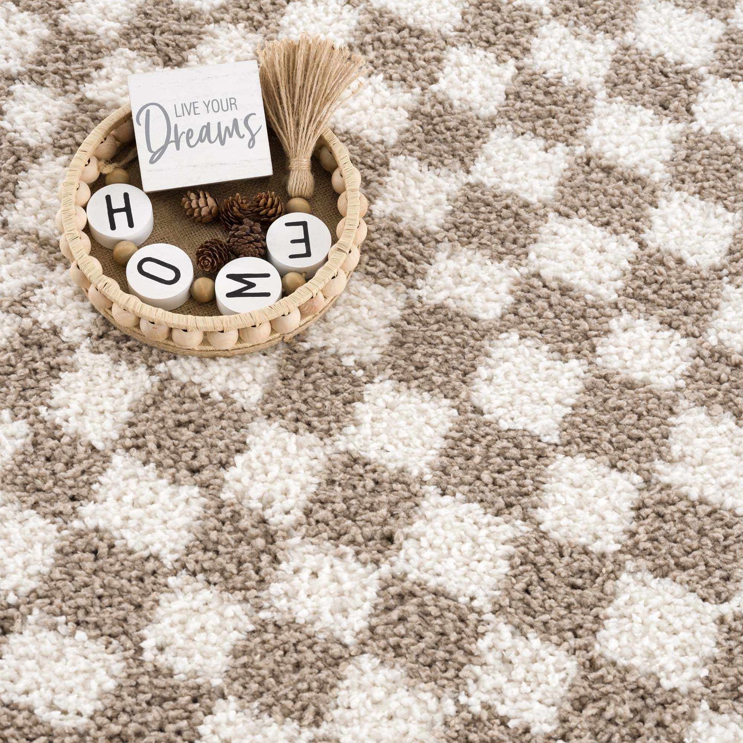Kieu Taupe Checkered Shag Rug - MyTuftedRugs.com