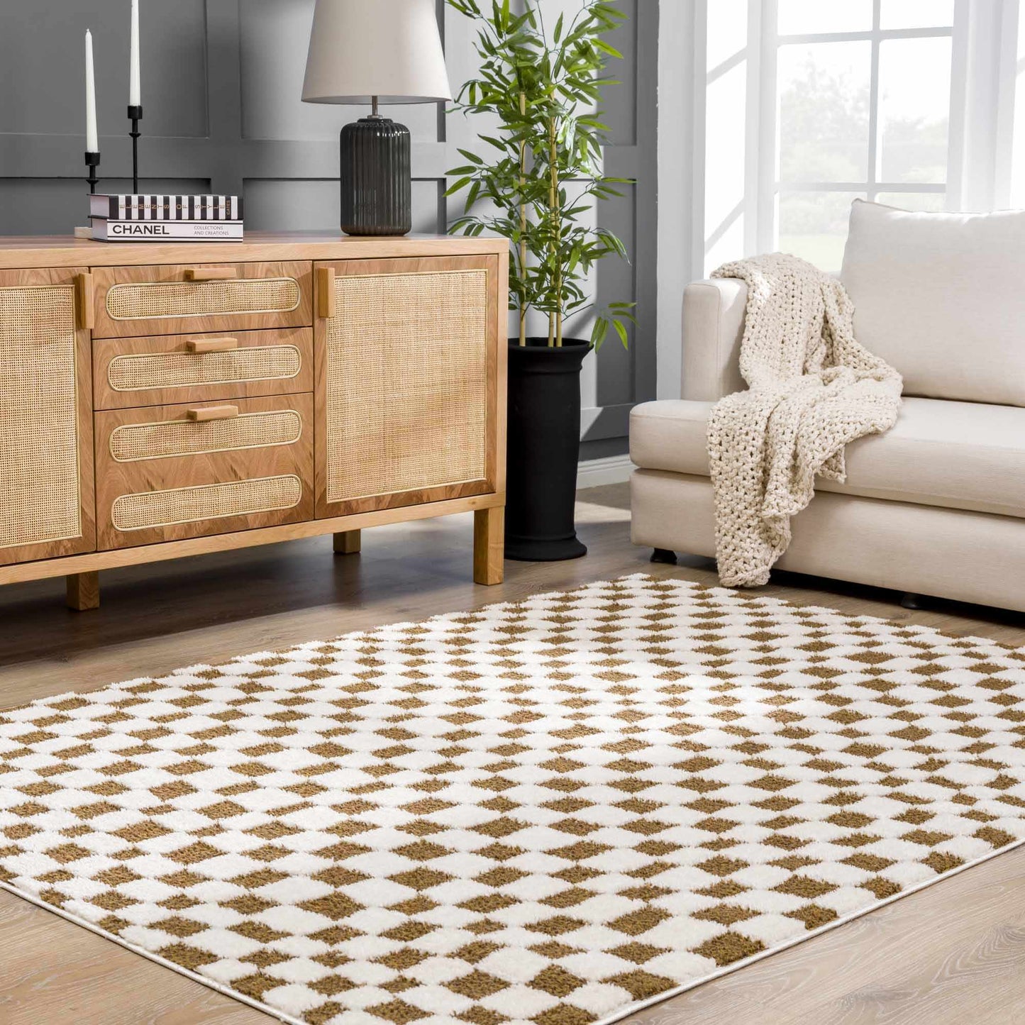 Lajos Brown Checkered Shag Rug - MyTuftedRugs.com