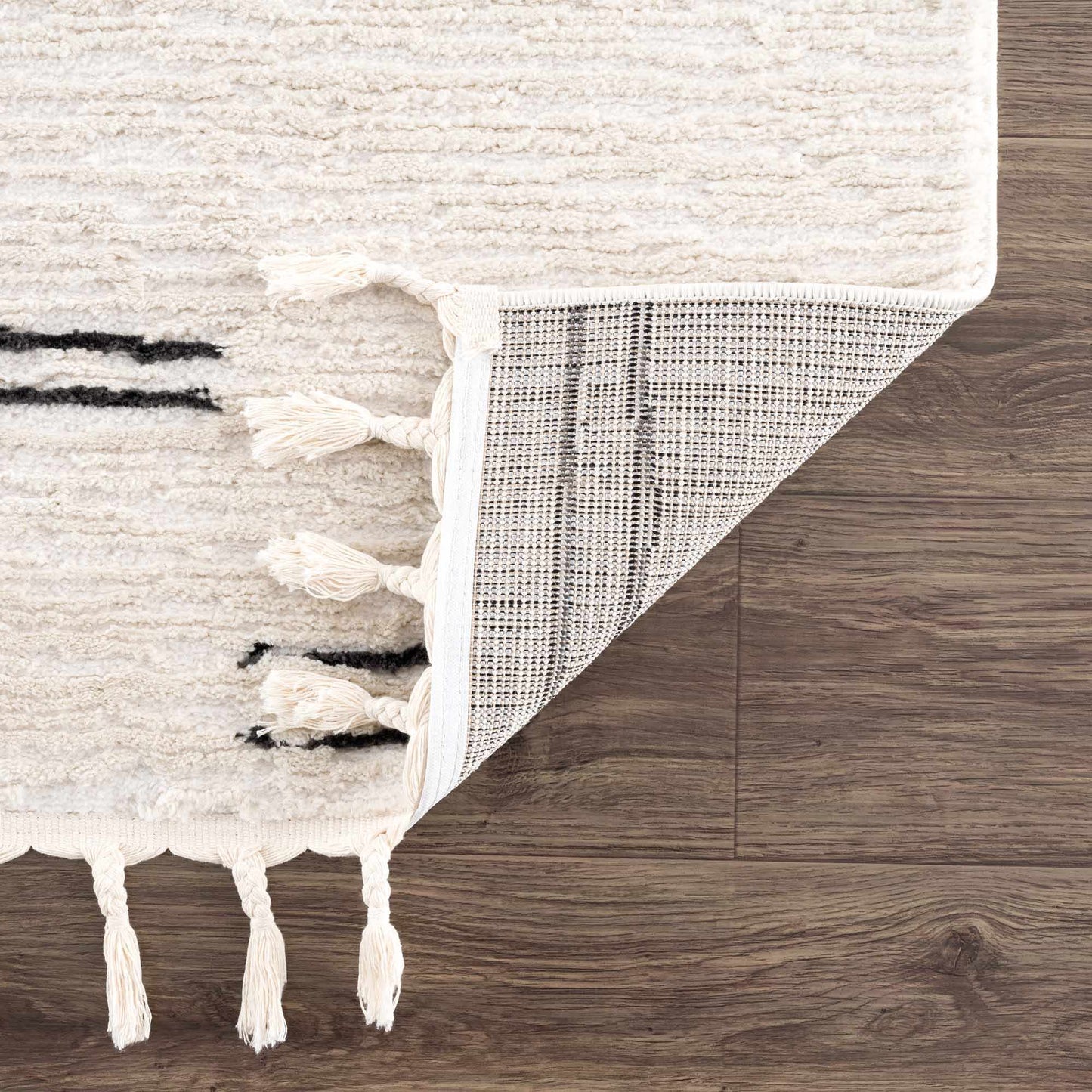 Riad Black Striped White Rug with Tassels - MyTuftedRugs.com