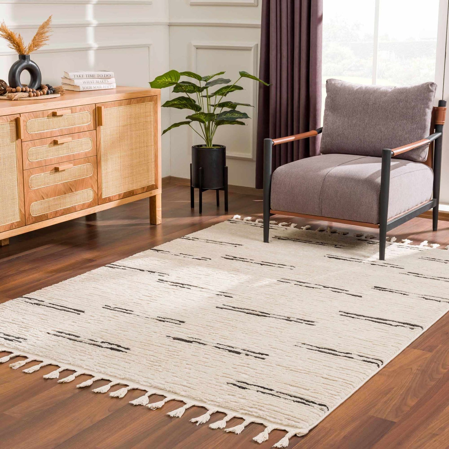 Riad Black Striped White Rug with Tassels - MyTuftedRugs.com