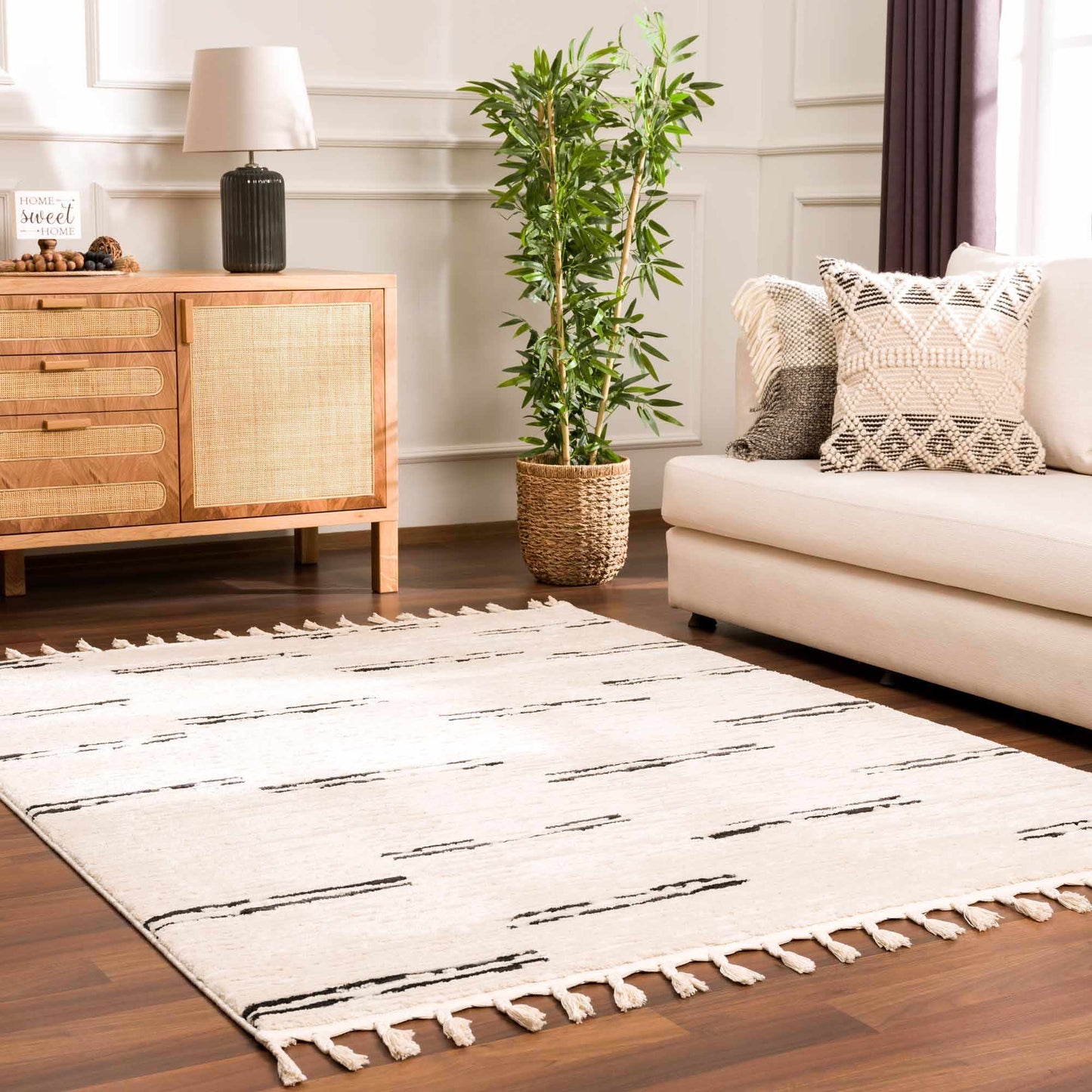 Riad Black Striped White Rug with Tassels - MyTuftedRugs.com