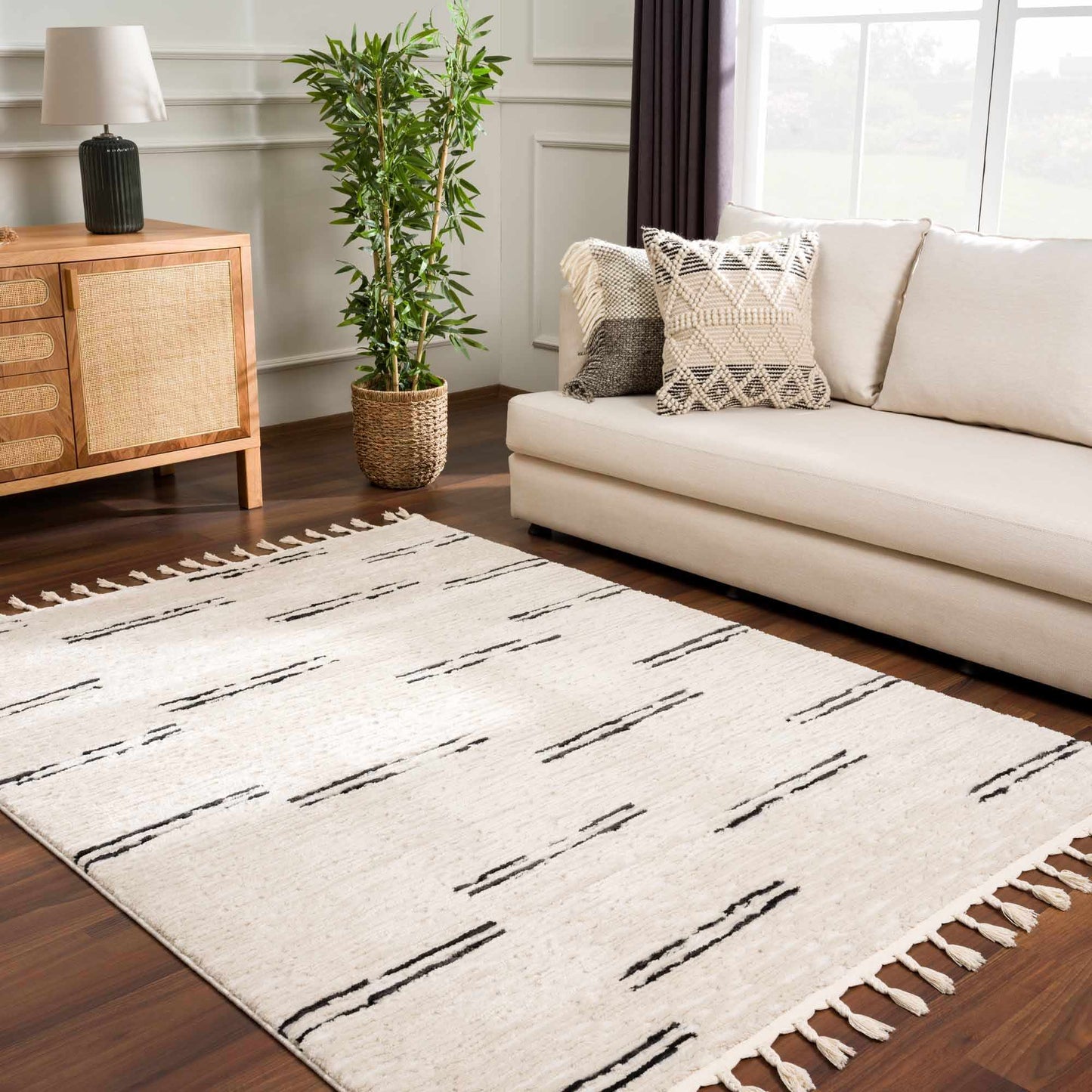 Riad Black Striped White Rug with Tassels - MyTuftedRugs.com