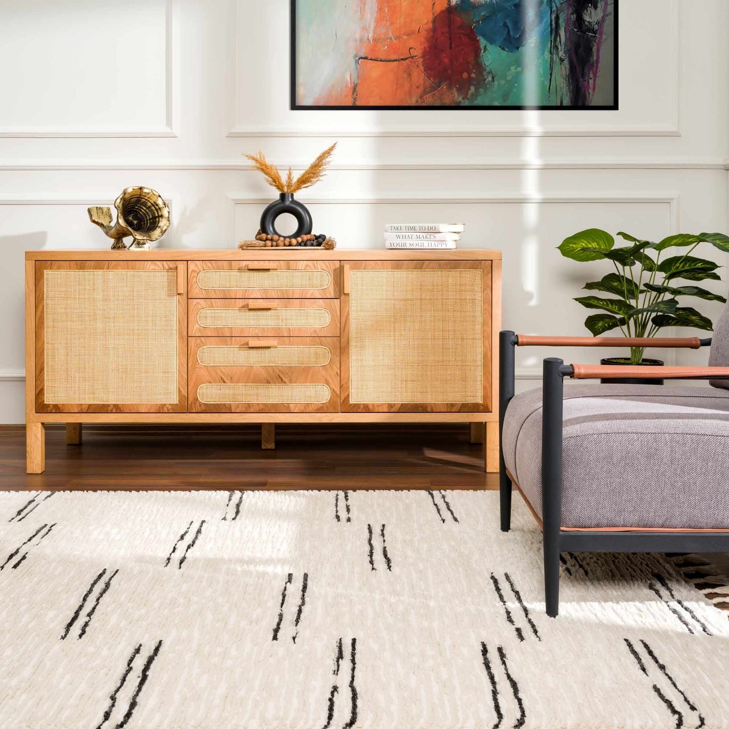 Riad Black Striped White Rug with Tassels - MyTuftedRugs.com