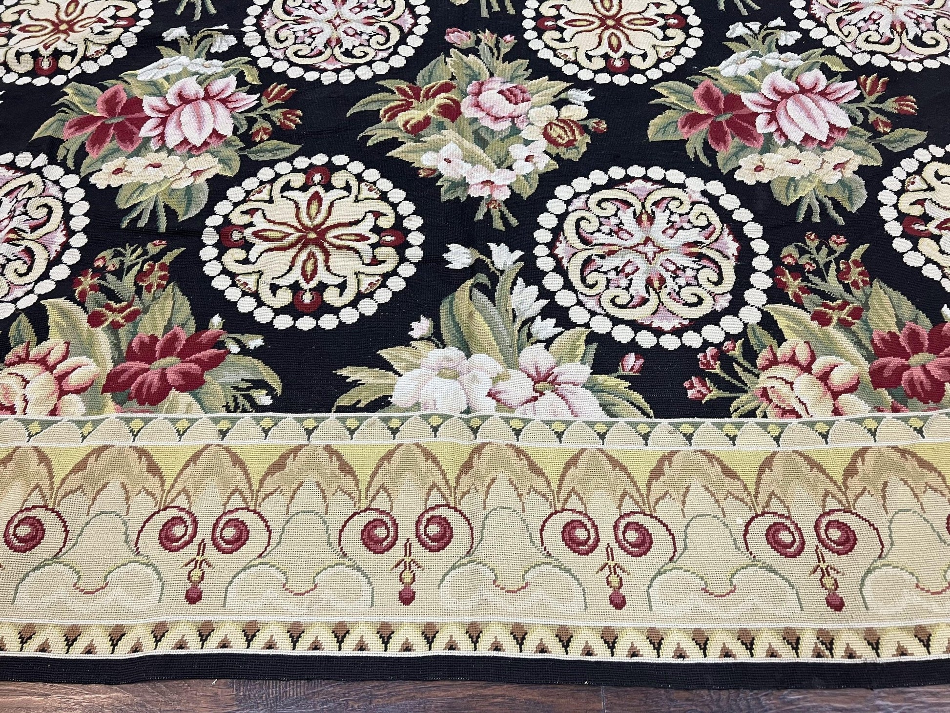 1980s 9x12 Vintage Handmade Wool Needlepoint Rug - MyTuftedRugs.com