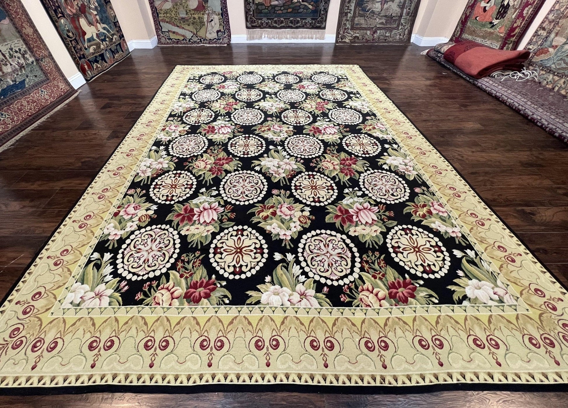 1980s 9x12 Vintage Handmade Wool Needlepoint Rug - MyTuftedRugs.com