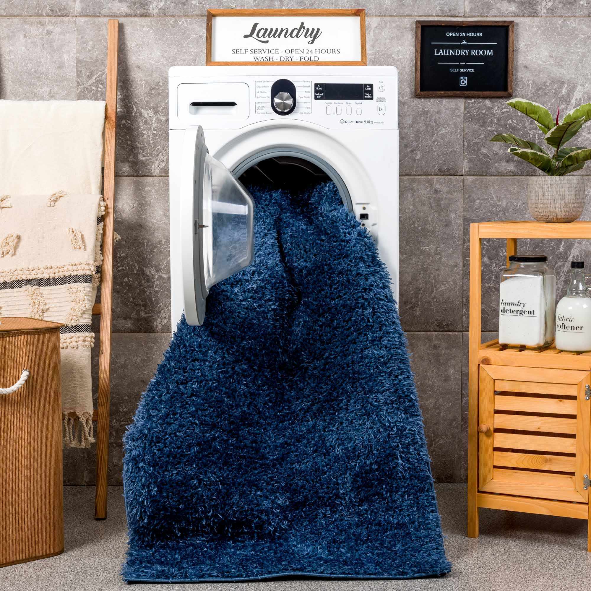 Faina Solid Dark Blue Shag Rug Washable - MyTuftedRugs.com