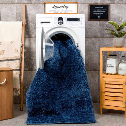 Faina Solid Dark Blue Shag Rug Washable - MyTuftedRugs.com