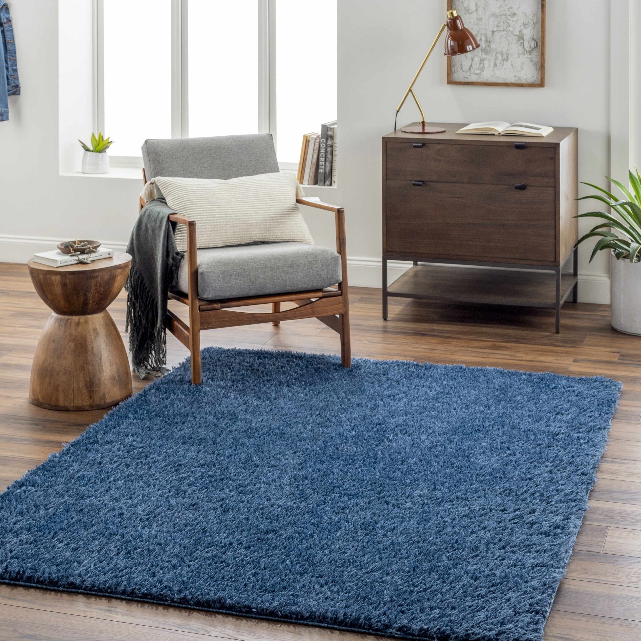 Faina Solid Dark Blue Shag Rug Washable - MyTuftedRugs.com