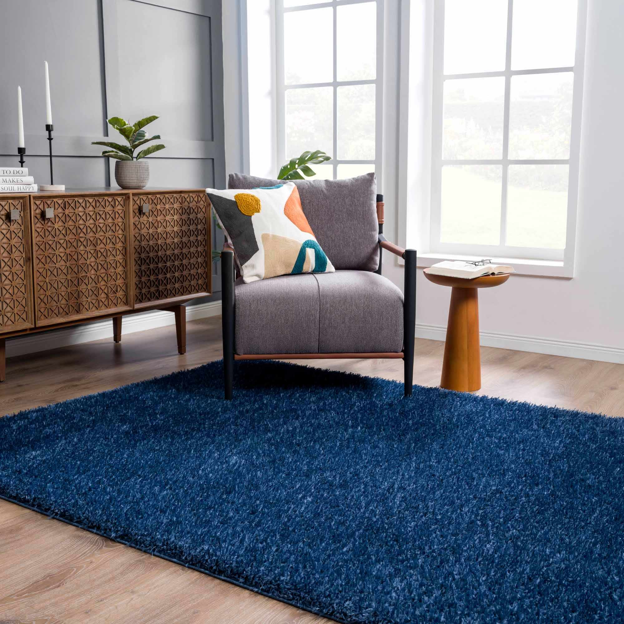 Faina Solid Dark Blue Shag Rug Washable - MyTuftedRugs.com