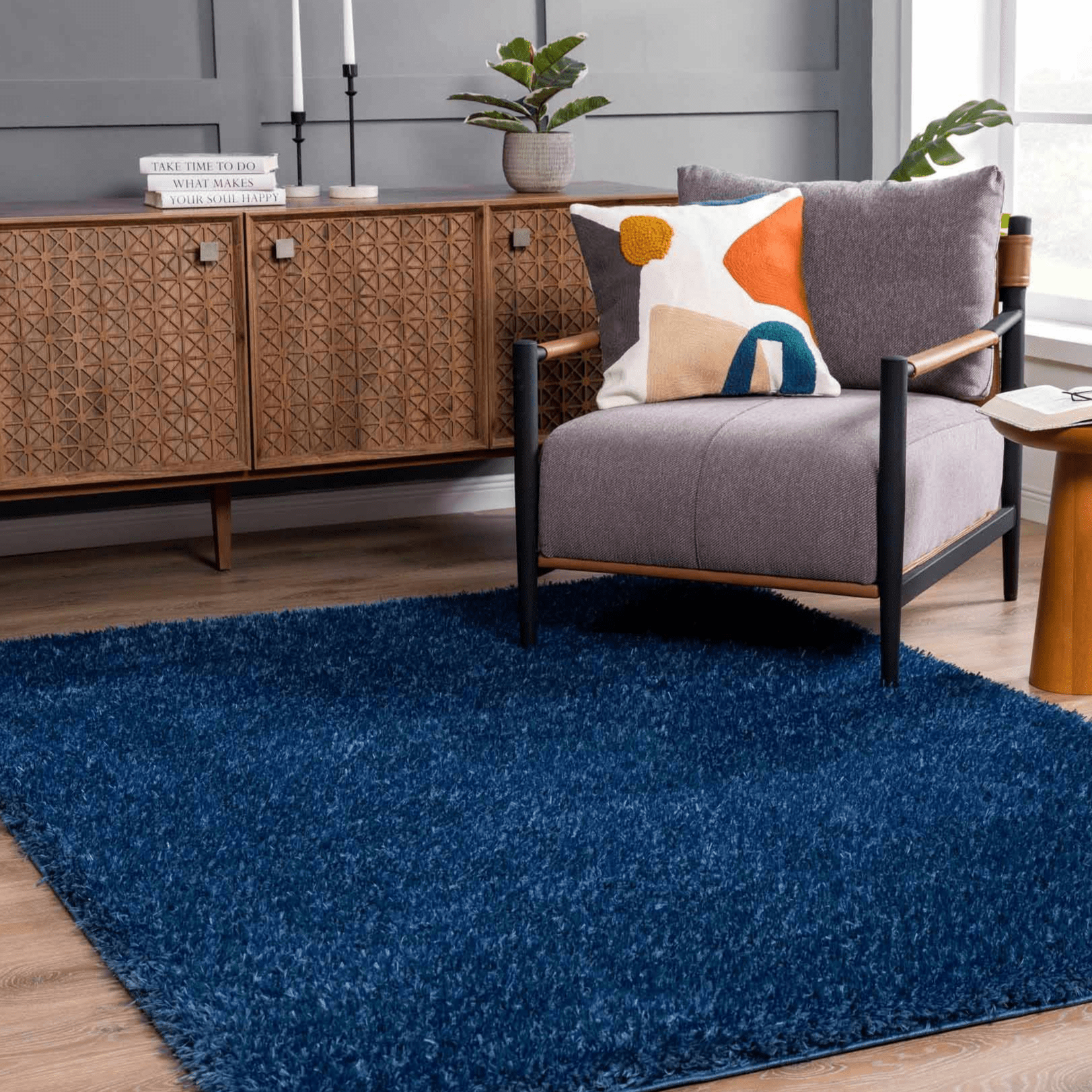 Faina Solid Dark Blue Shag Rug Washable - MyTuftedRugs.com