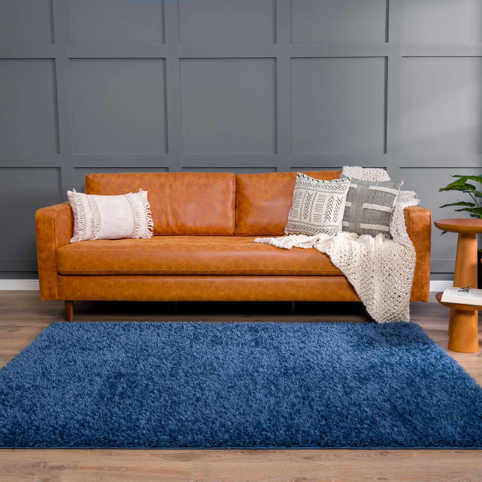 Faina Solid Dark Blue Shag Rug Washable - MyTuftedRugs.com