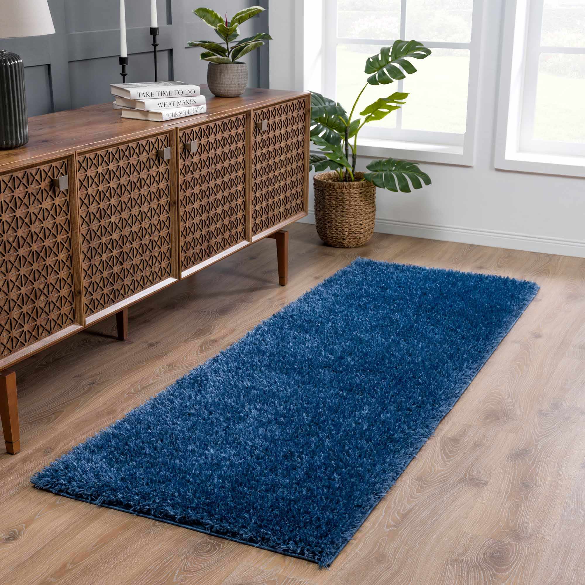 Faina Solid Dark Blue Shag Rug Washable - MyTuftedRugs.com