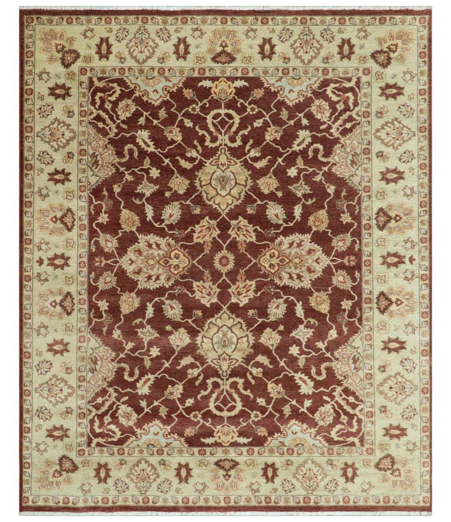 Hand - Knotted Persian Rug 8x10 | Burgundy & Gold Wool - MyTuftedRugs.com