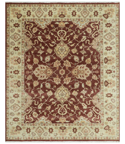 Hand - Knotted Persian Rug 8x10 | Burgundy & Gold Wool - MyTuftedRugs.com