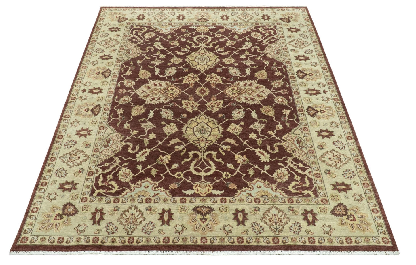 Hand - Knotted Persian Rug 8x10 | Burgundy & Gold Wool - MyTuftedRugs.com