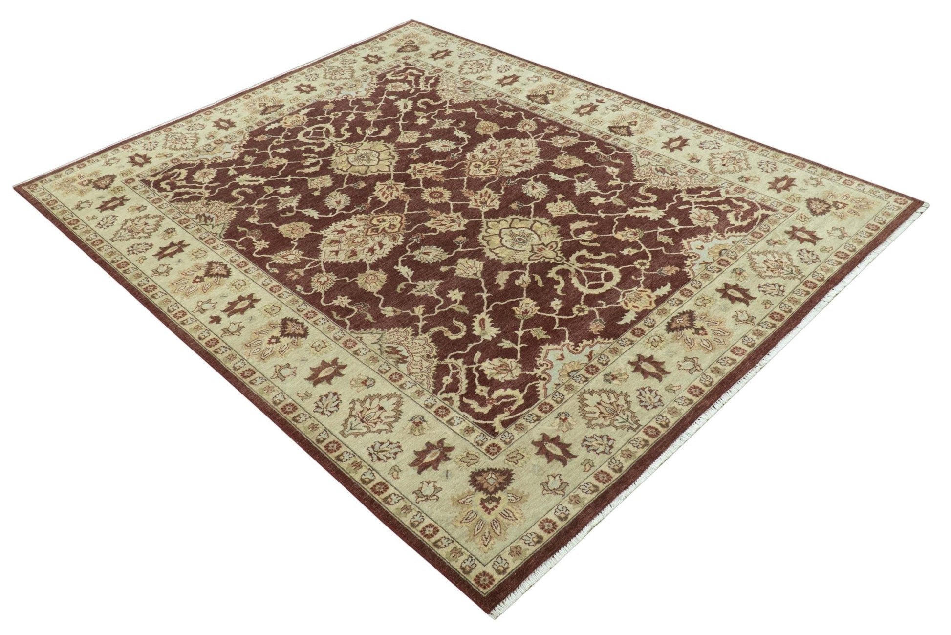 Hand - Knotted Persian Rug 8x10 | Burgundy & Gold Wool - MyTuftedRugs.com