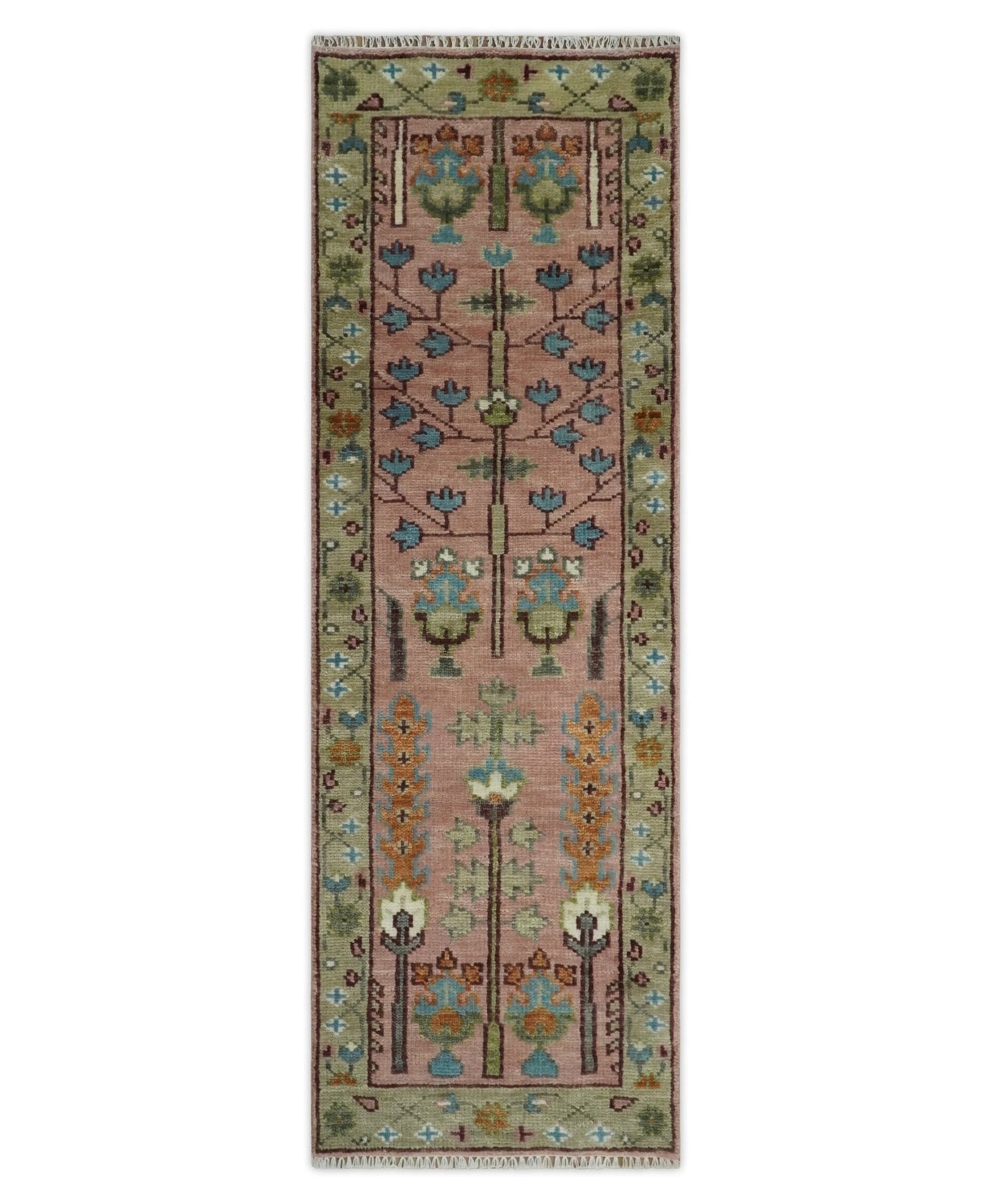 Hand - Knotted Pink & Olive Persian Rug | Wool | Ready to Ship - MyTuftedRugs.com