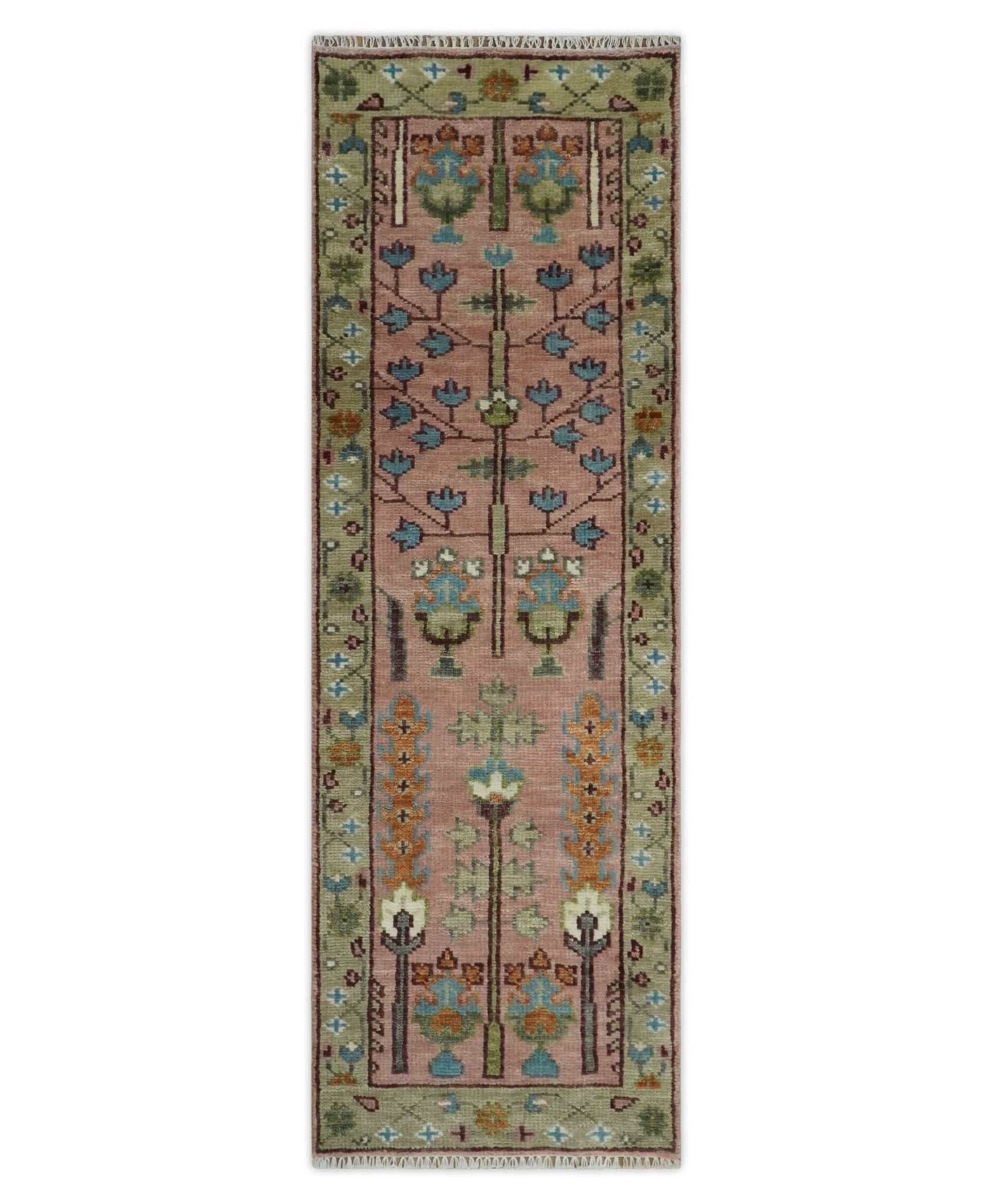 Hand - Knotted Pink & Olive Persian Rug | Wool | Ready to Ship - MyTuftedRugs.com
