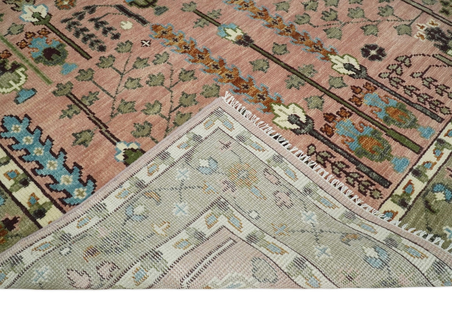 Hand - Knotted Pink & Olive Persian Rug | Wool | Ready to Ship - MyTuftedRugs.com