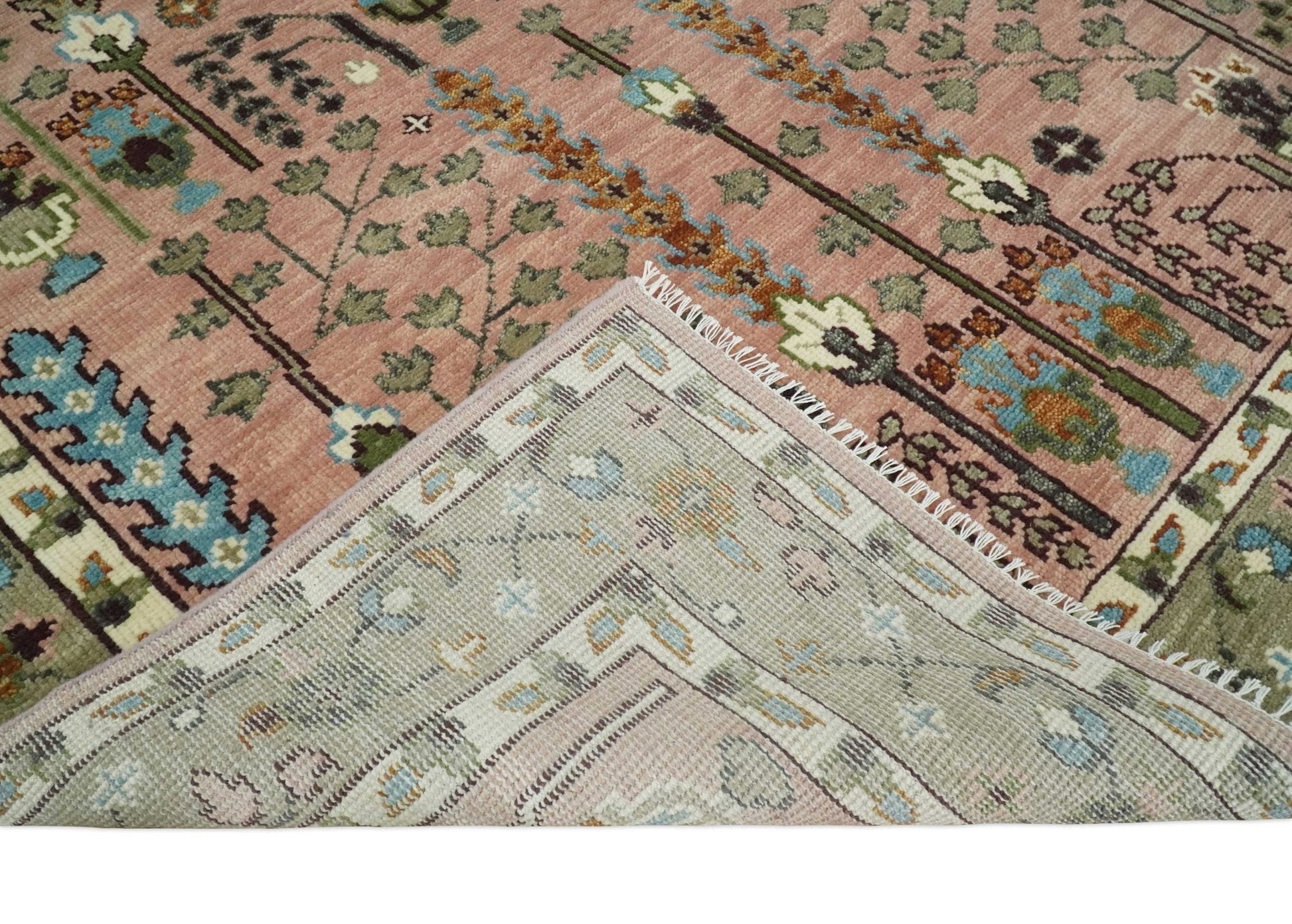 Hand - Knotted Pink & Olive Persian Rug | Wool | Ready to Ship - MyTuftedRugs.com