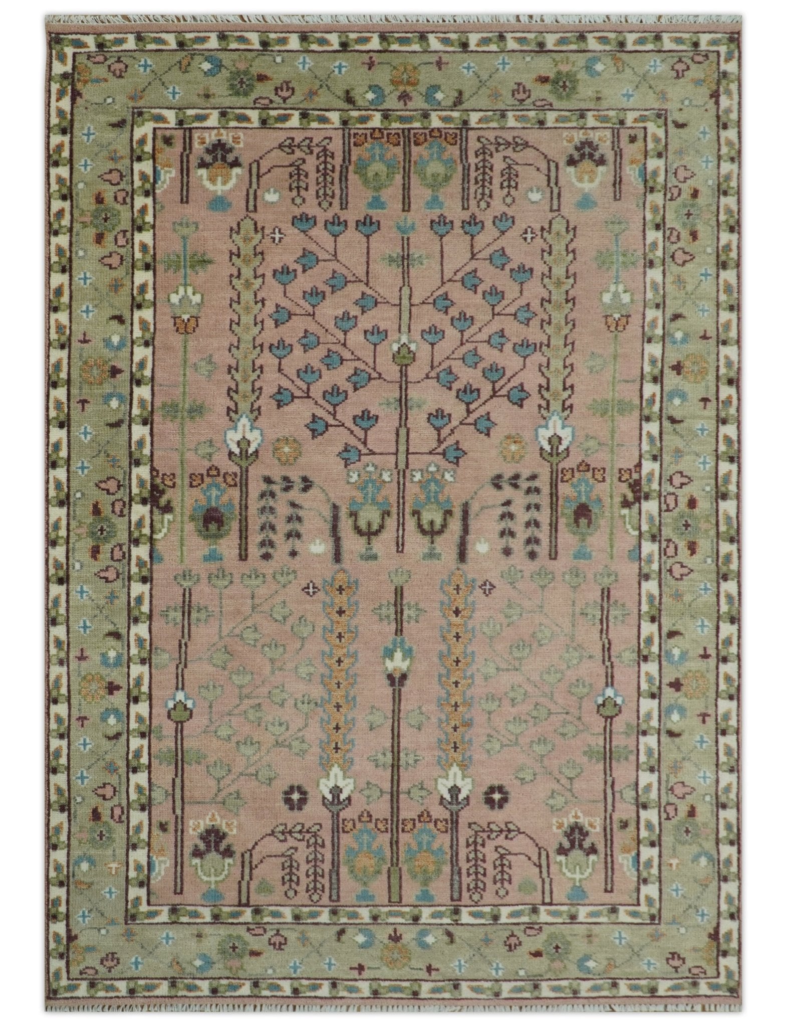 Hand - Knotted Pink & Olive Persian Rug | Wool | Ready to Ship - MyTuftedRugs.com
