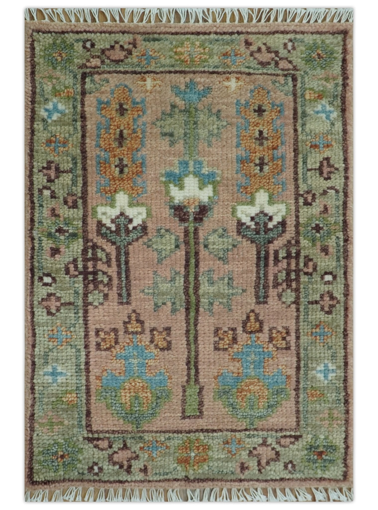 Hand - Knotted Pink & Olive Persian Rug | Wool | Ready to Ship - MyTuftedRugs.com
