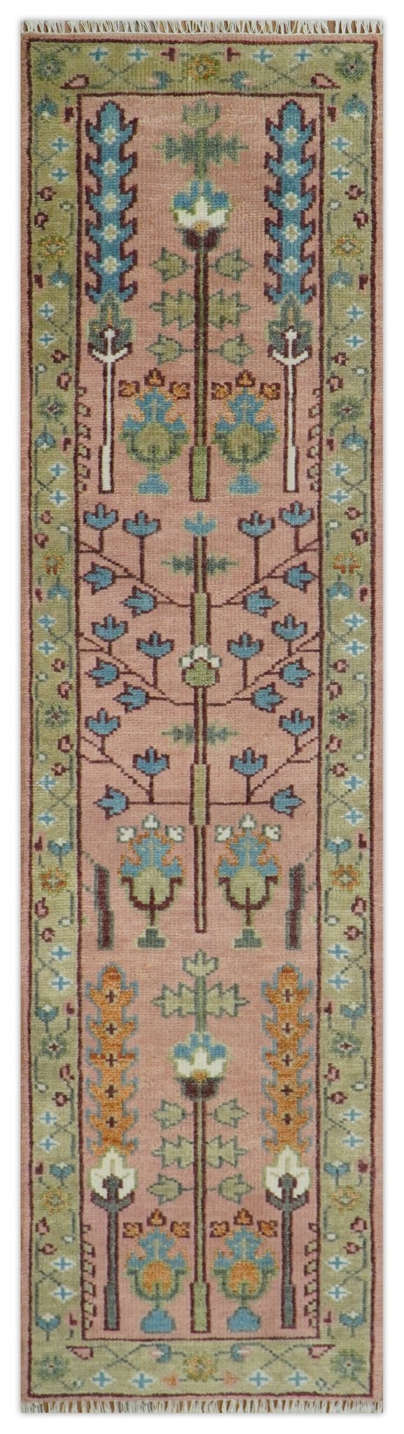 Hand - Knotted Pink & Olive Persian Rug | Wool | Ready to Ship - MyTuftedRugs.com