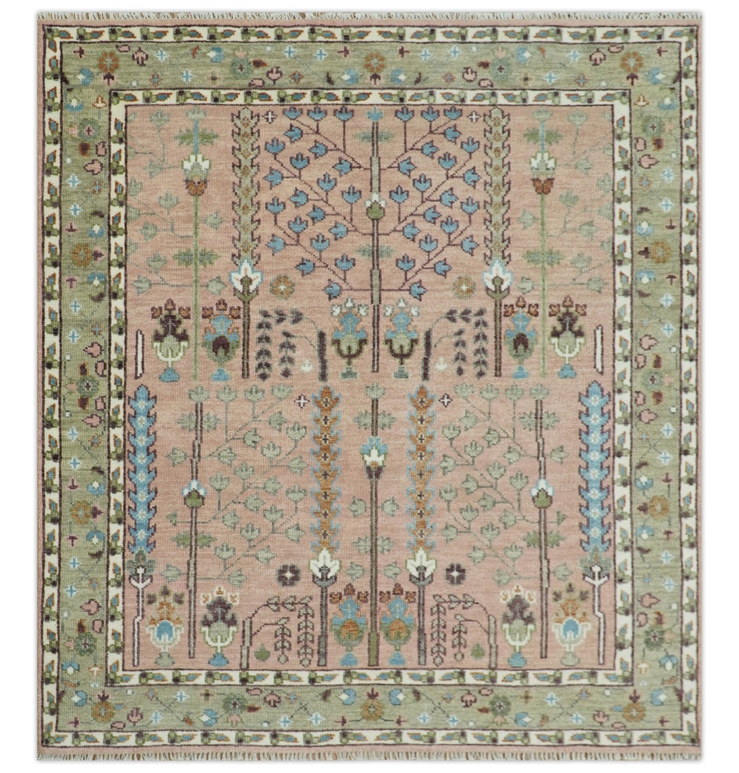 Hand - Knotted Pink & Olive Persian Rug | Wool | Ready to Ship - MyTuftedRugs.com