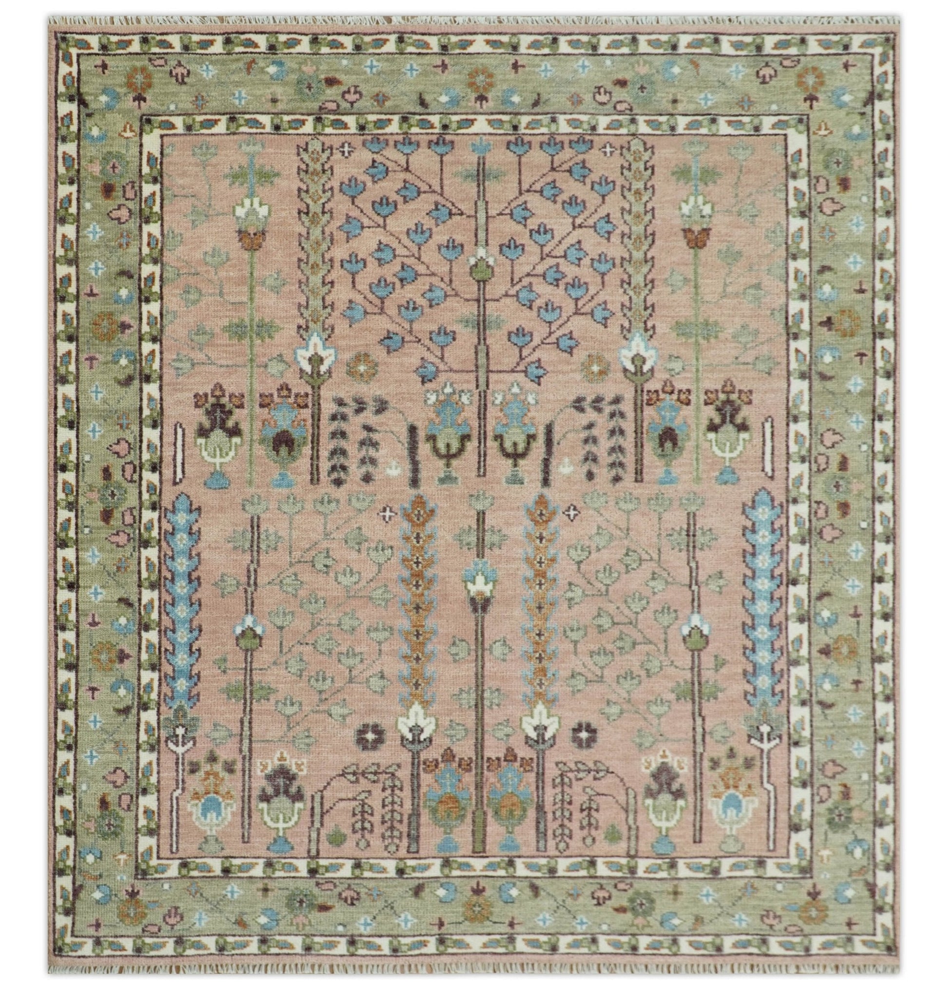 Hand - Knotted Pink & Olive Persian Rug | Wool | Ready to Ship - MyTuftedRugs.com