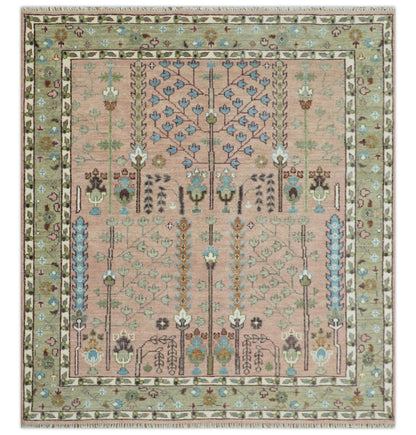 Hand - Knotted Pink & Olive Persian Rug | Wool | Ready to Ship - MyTuftedRugs.com