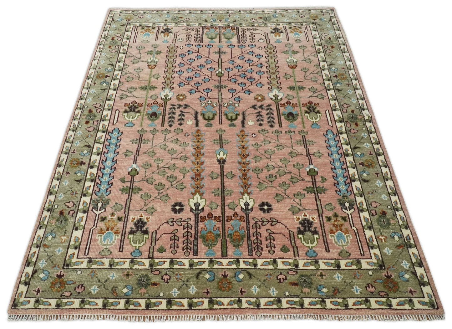 Hand - Knotted Pink & Olive Persian Rug | Wool | Ready to Ship - MyTuftedRugs.com