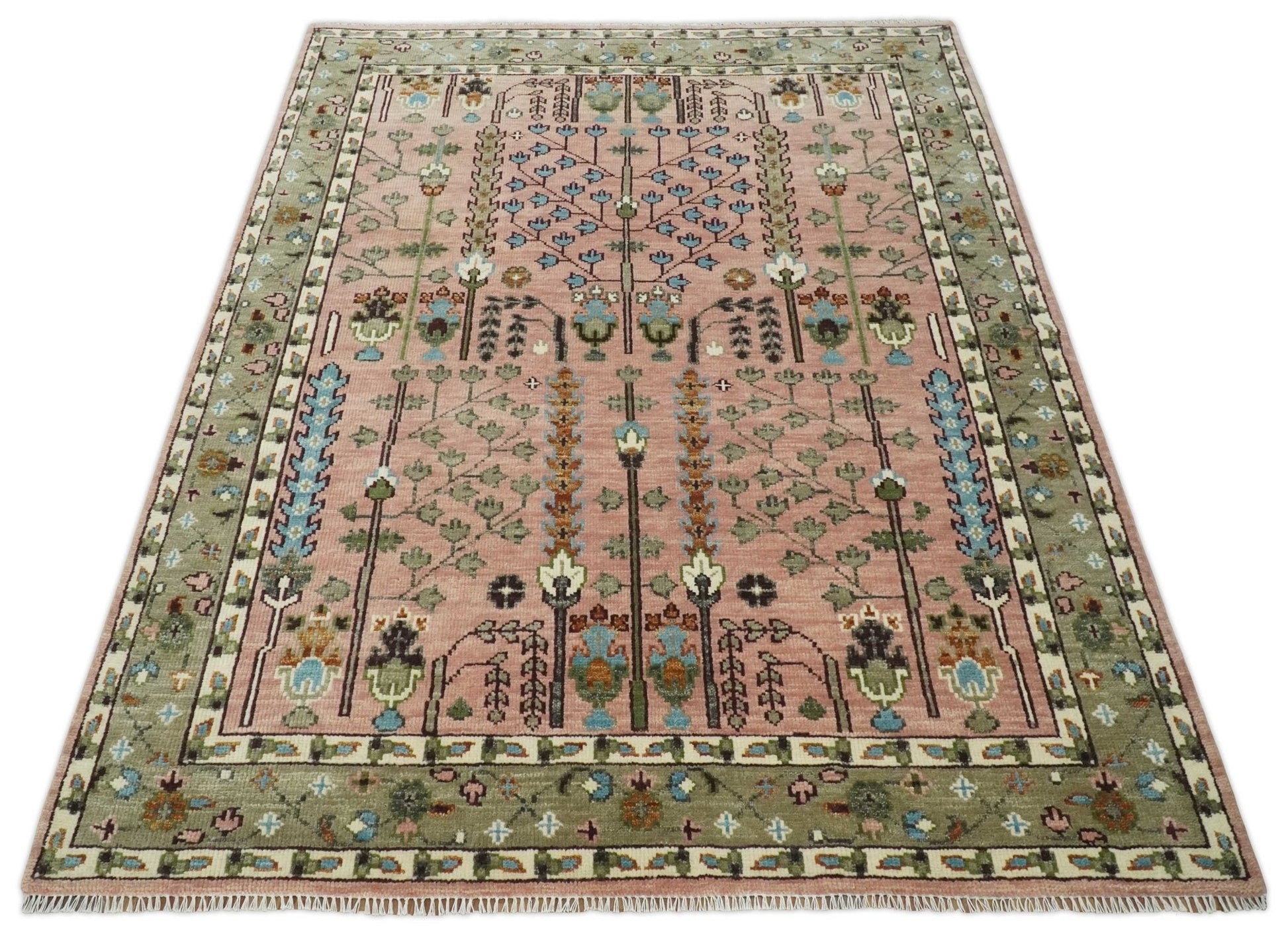 Hand - Knotted Pink & Olive Persian Rug | Wool | Ready to Ship - MyTuftedRugs.com