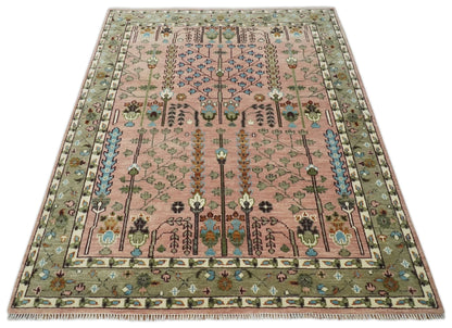 Hand - Knotted Pink & Olive Persian Rug | Wool | Ready to Ship - MyTuftedRugs.com