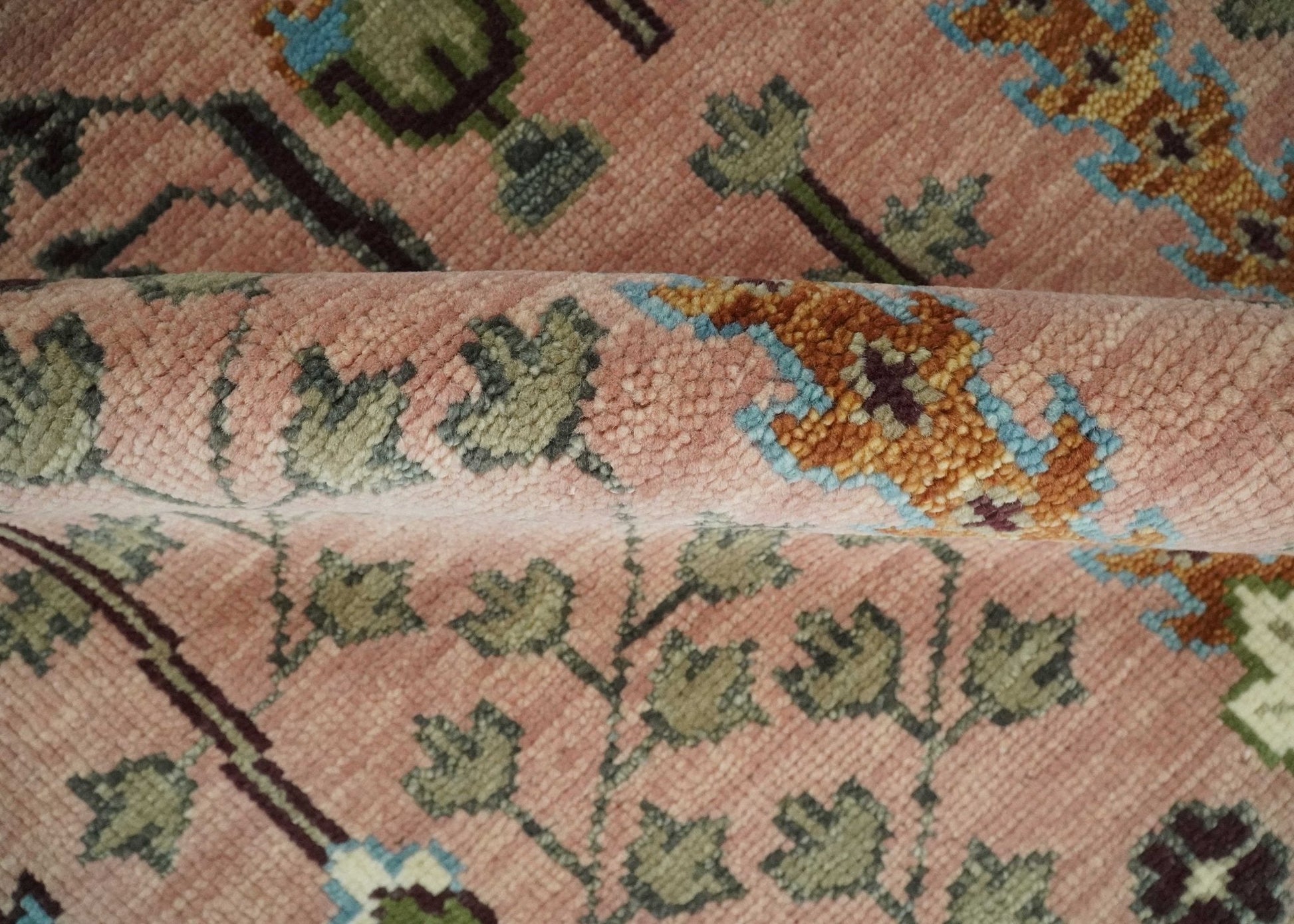 Hand - Knotted Pink & Olive Persian Rug | Wool | Ready to Ship - MyTuftedRugs.com