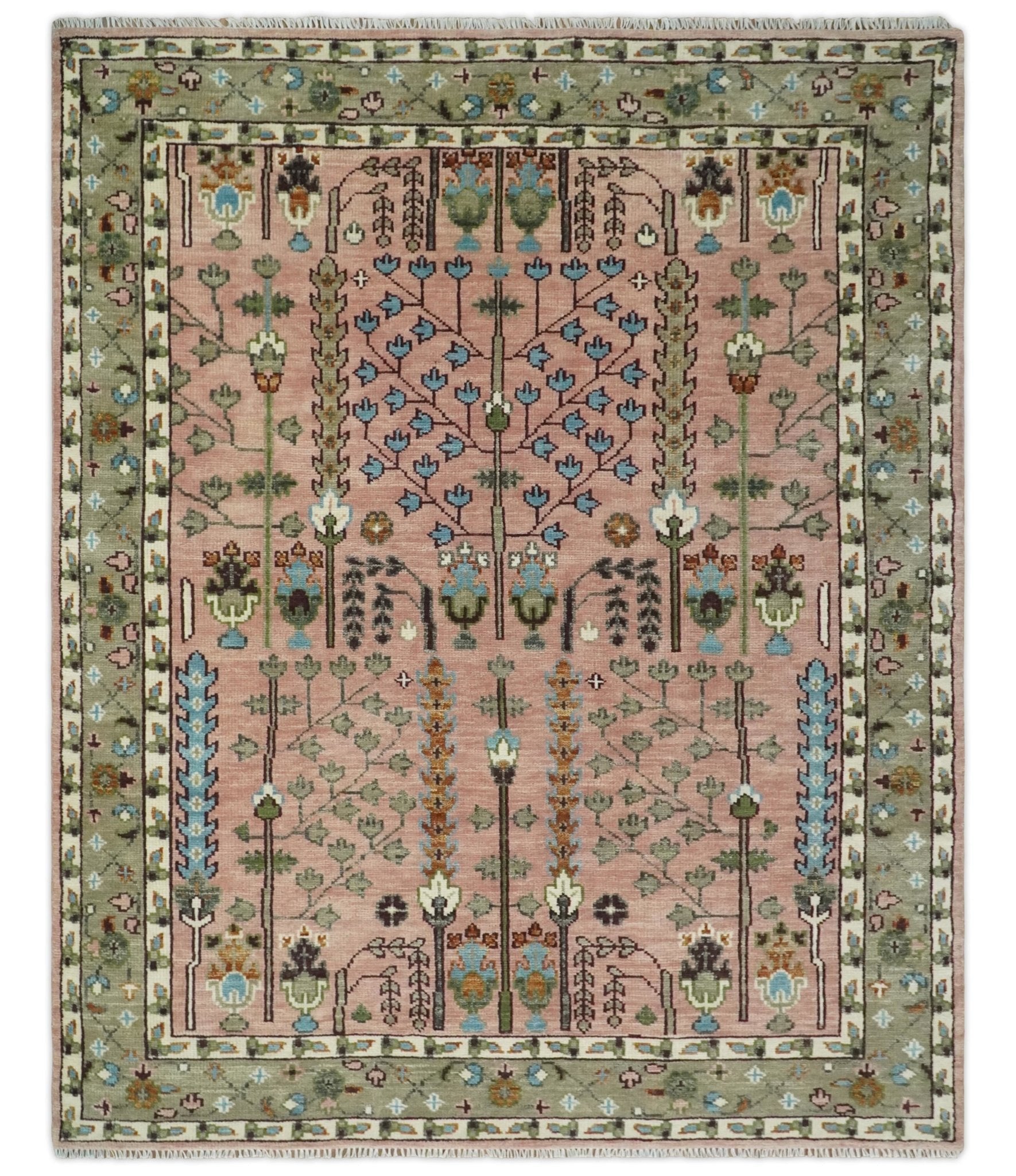 Hand - Knotted Pink & Olive Persian Rug | Wool | Ready to Ship - MyTuftedRugs.com