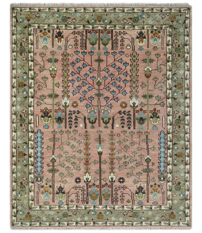 Hand - Knotted Pink & Olive Persian Rug | Wool | Ready to Ship - MyTuftedRugs.com