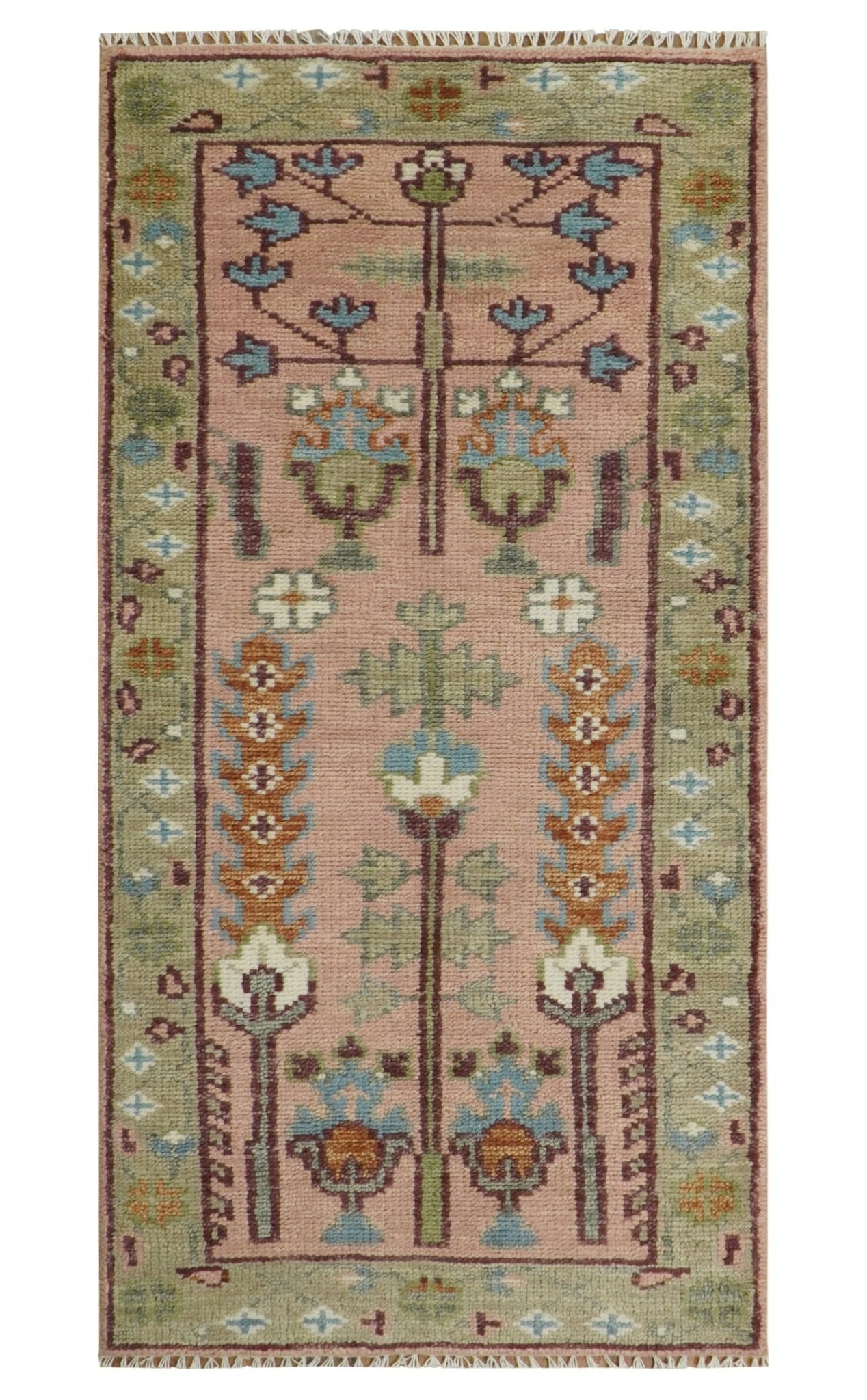 Hand - Knotted Pink & Olive Persian Rug | Wool | Ready to Ship - MyTuftedRugs.com
