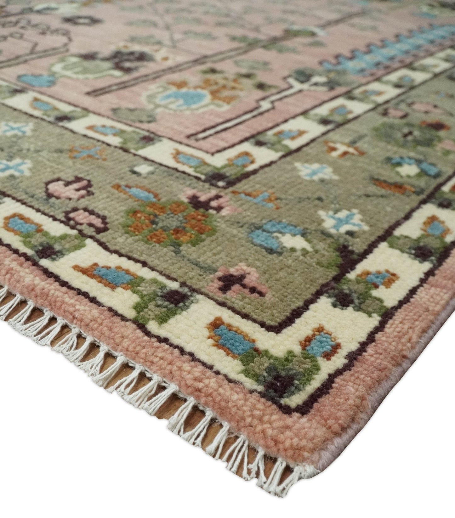 Hand - Knotted Pink & Olive Persian Rug | Wool | Ready to Ship - MyTuftedRugs.com