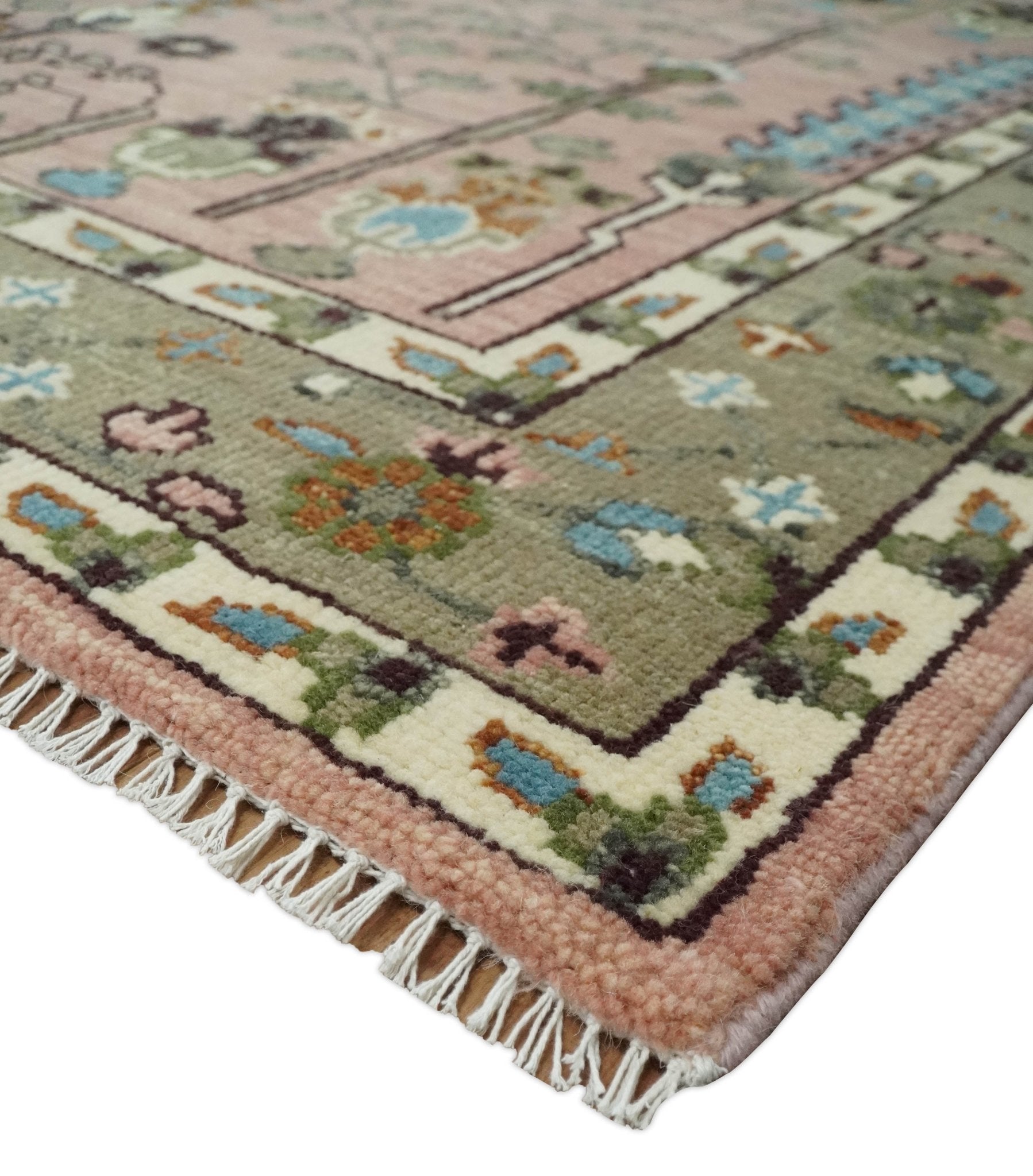Hand - Knotted Pink & Olive Persian Rug | Wool | Ready to Ship - MyTuftedRugs.com