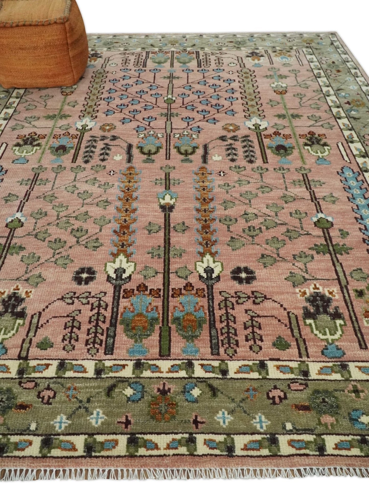 Hand - Knotted Pink & Olive Persian Rug | Wool | Ready to Ship - MyTuftedRugs.com