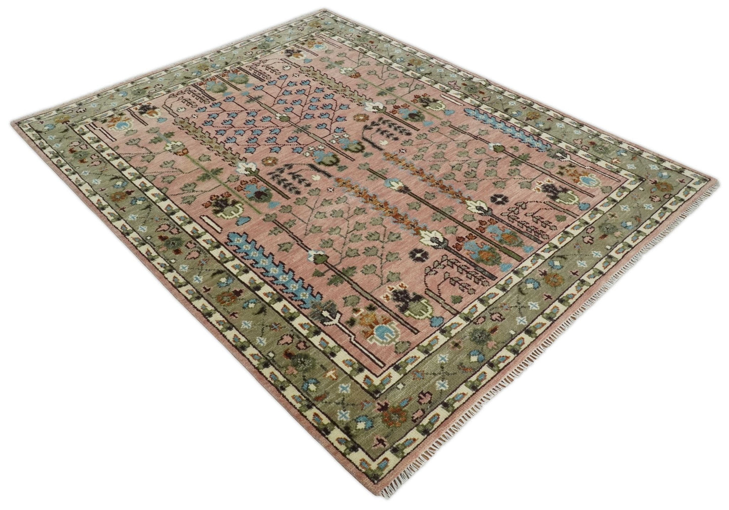 Hand - Knotted Pink & Olive Persian Rug | Wool | Ready to Ship - MyTuftedRugs.com