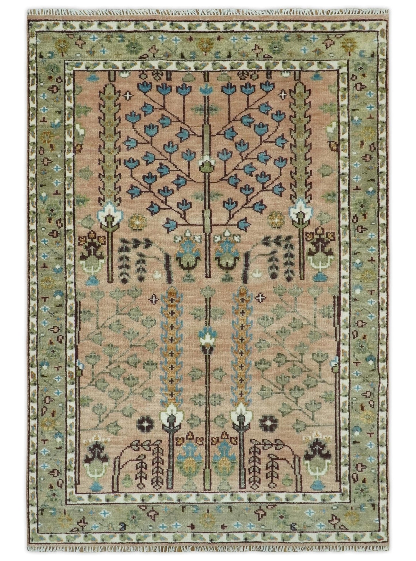 Hand - Knotted Pink & Olive Persian Rug | Wool | Ready to Ship - MyTuftedRugs.com