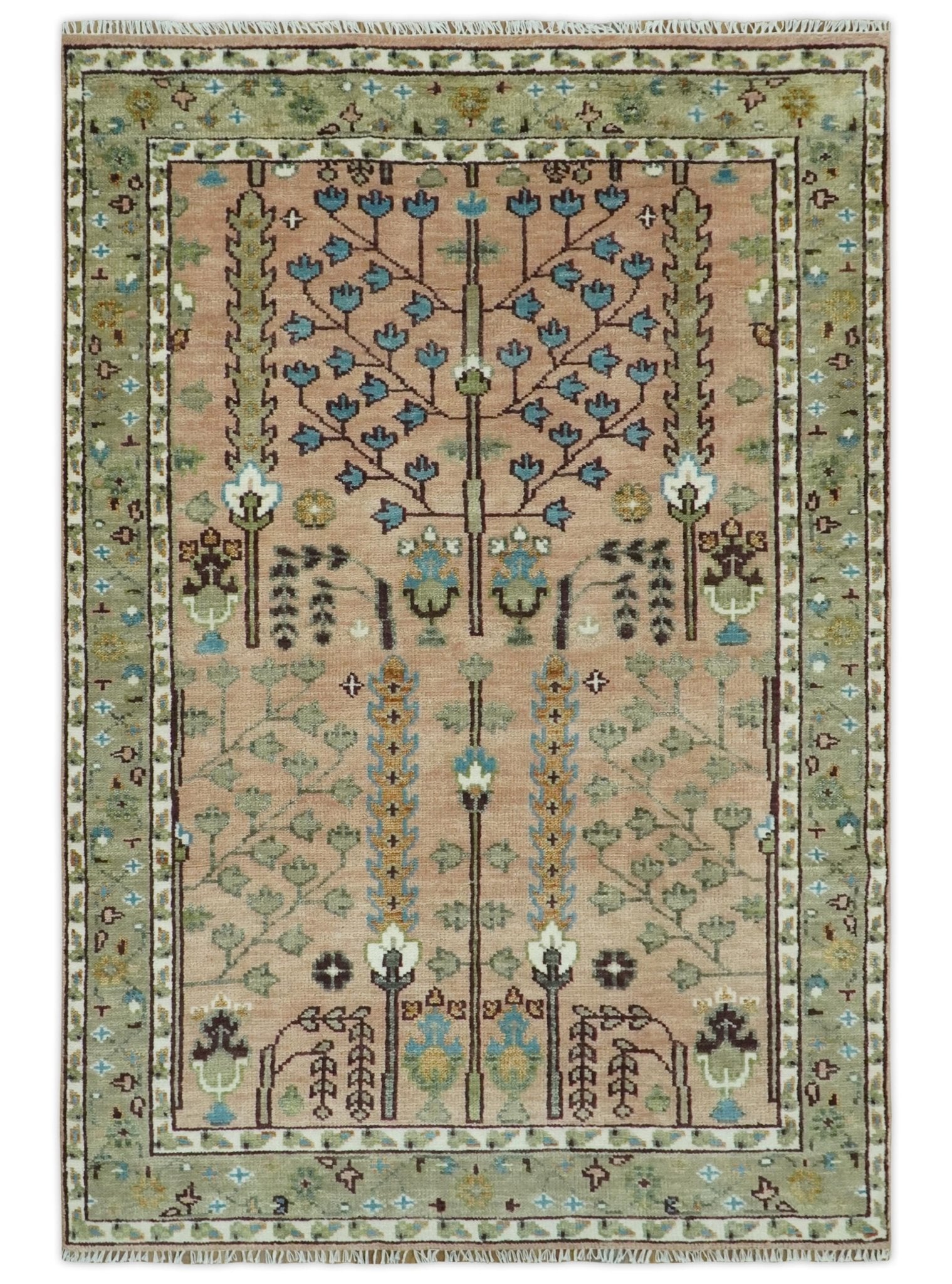 Hand - Knotted Pink & Olive Persian Rug | Wool | Ready to Ship - MyTuftedRugs.com
