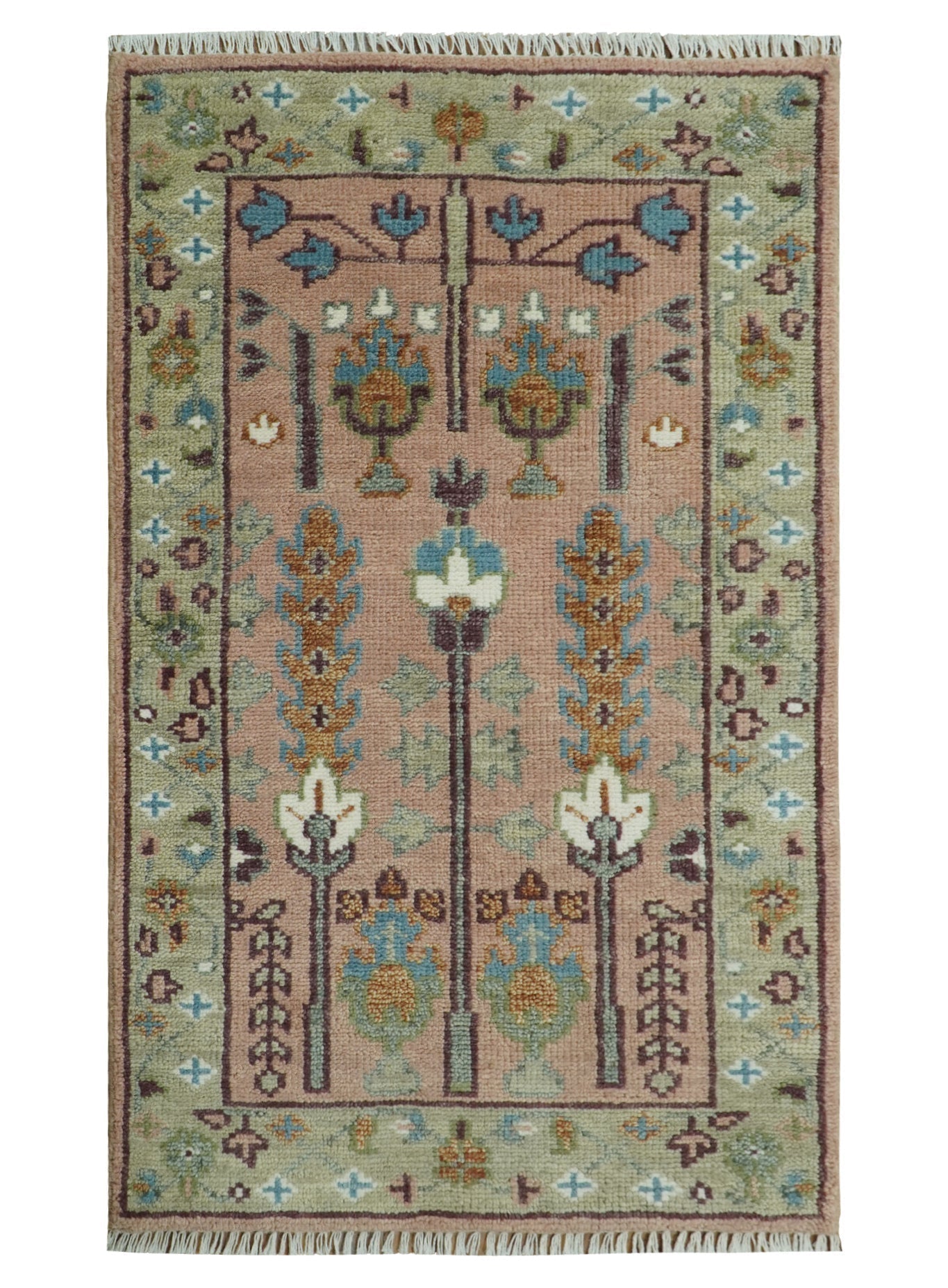 Hand - Knotted Pink & Olive Persian Rug | Wool | Ready to Ship - MyTuftedRugs.com