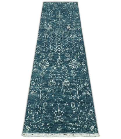 Hand - Knotted Vintage Wool Runner Rug White and Blue Traditional Design 2x10 - MyTuftedRugs.com